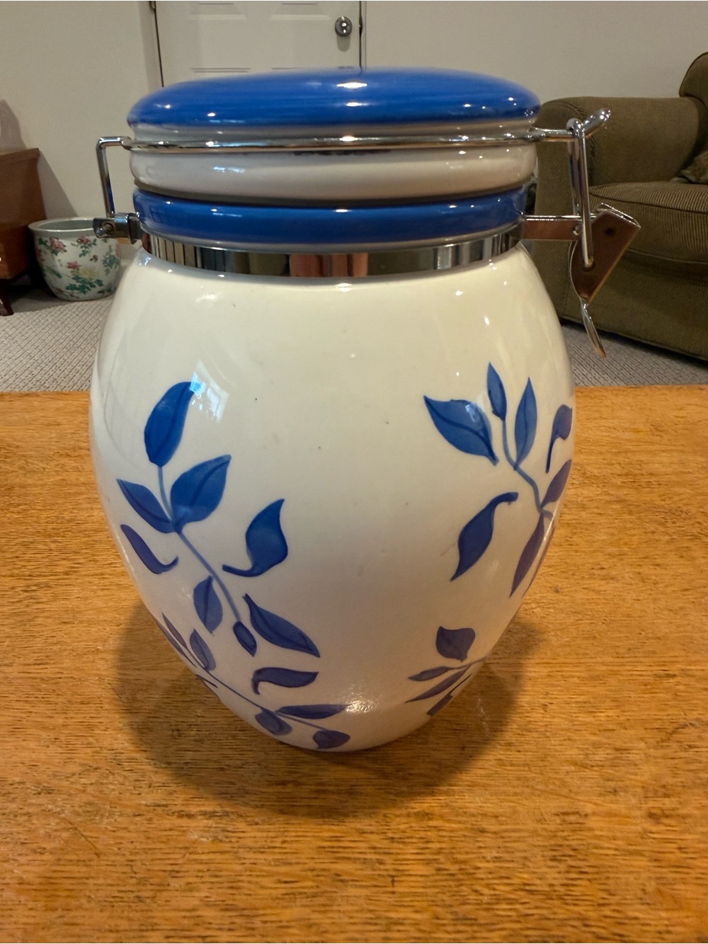 Inspirado Blue & White Cookie Jar Canister with Hinged Lid